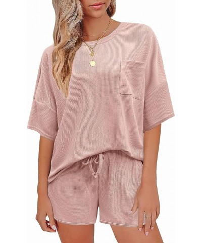 Pajamas Womens Waffle Knit Lounge Set Short Sleeve Top and Shorts 2 Piece Loungewear Outfits with Pockets Pink $14.28 Sleep &...