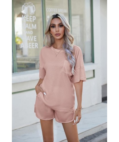 Pajamas Womens Waffle Knit Lounge Set Short Sleeve Top and Shorts 2 Piece Loungewear Outfits with Pockets Pink $14.28 Sleep &...