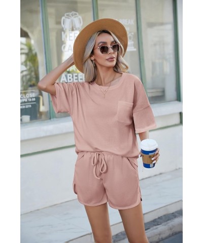 Pajamas Womens Waffle Knit Lounge Set Short Sleeve Top and Shorts 2 Piece Loungewear Outfits with Pockets Pink $14.28 Sleep &...