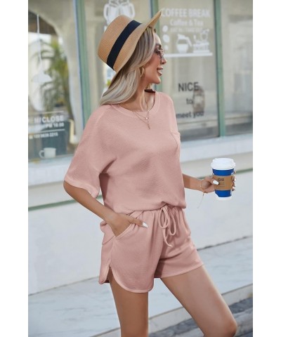 Pajamas Womens Waffle Knit Lounge Set Short Sleeve Top and Shorts 2 Piece Loungewear Outfits with Pockets Pink $14.28 Sleep &...