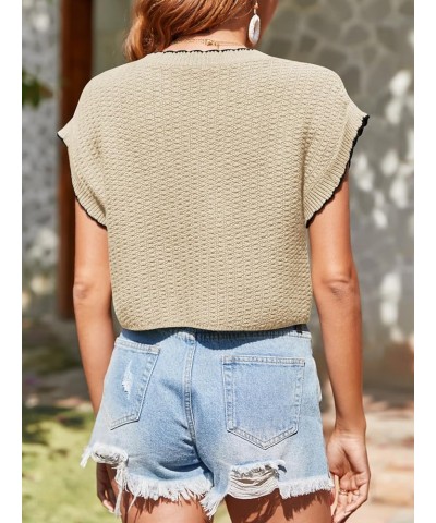 Womens Cap Sleeve Cropped Sweater Vest Summer Lightweight Crewneck Sleeveless Crop Tops Knit Pullover Tank Top Khaki $16.31 S...