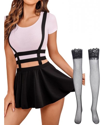 Women Sexy Skirt A-Line Suspender Skirt Pleated Short Braces Skirt Z-black Skirt With Stocking $15.07 Others