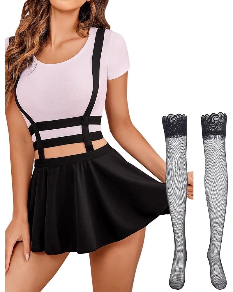 Women Sexy Skirt A-Line Suspender Skirt Pleated Short Braces Skirt Z-black Skirt With Stocking $15.07 Others