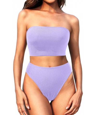 Women Two Piece High Waisted Bikini Sets Tummy Control Strapless Swimsuit Ribbed Crop top with Cheeky Bottom Purple $10.50 Sw...