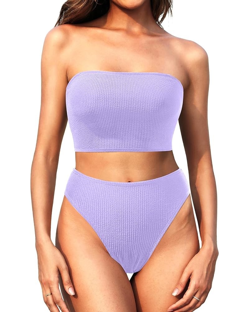 Women Two Piece High Waisted Bikini Sets Tummy Control Strapless Swimsuit Ribbed Crop top with Cheeky Bottom Purple $10.50 Sw...