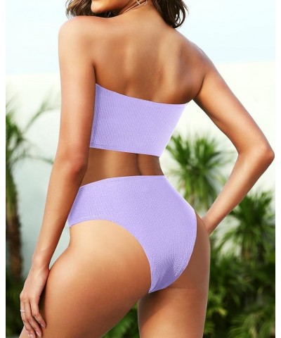 Women Two Piece High Waisted Bikini Sets Tummy Control Strapless Swimsuit Ribbed Crop top with Cheeky Bottom Purple $10.50 Sw...