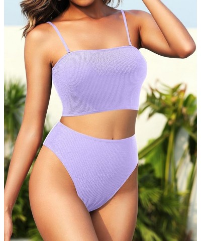 Women Two Piece High Waisted Bikini Sets Tummy Control Strapless Swimsuit Ribbed Crop top with Cheeky Bottom Purple $10.50 Sw...