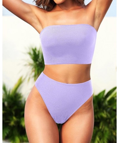 Women Two Piece High Waisted Bikini Sets Tummy Control Strapless Swimsuit Ribbed Crop top with Cheeky Bottom Purple $10.50 Sw...