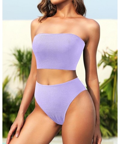 Women Two Piece High Waisted Bikini Sets Tummy Control Strapless Swimsuit Ribbed Crop top with Cheeky Bottom Purple $10.50 Sw...