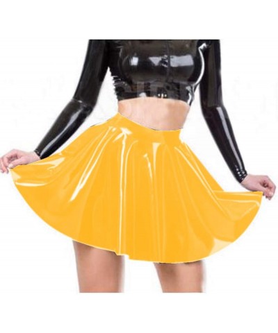 Plus Size PVC A-line Pleated Skirt Ladies High Waist Short Skirt Yellow $22.89 Skirts