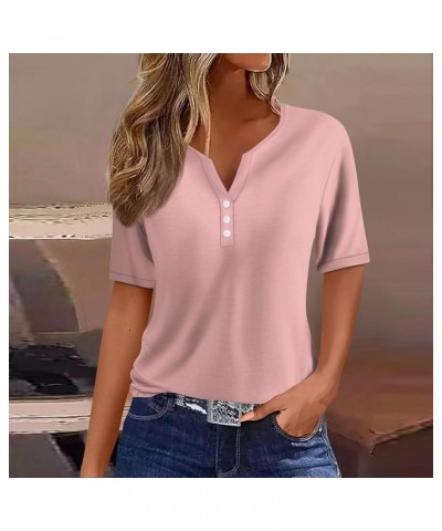 Womens Summer Tops Fashion 2024 Henley Neck Short Sleeve Shirts Casual Print Button Down Blouses 03-pink $9.34 Tops