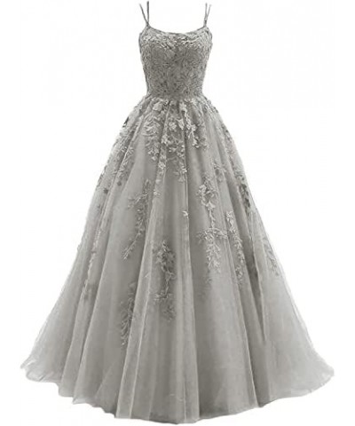 Lace Prom Dresses Long Ball Gowns Spaghetti Straps Tulle Appliques Formal Party Evening Dress for Women Light Grey $38.93 Dre...