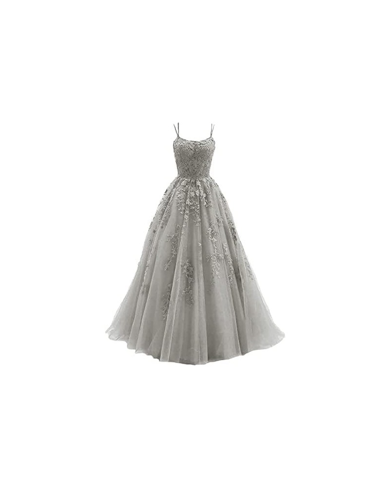 Lace Prom Dresses Long Ball Gowns Spaghetti Straps Tulle Appliques Formal Party Evening Dress for Women Light Grey $38.93 Dre...