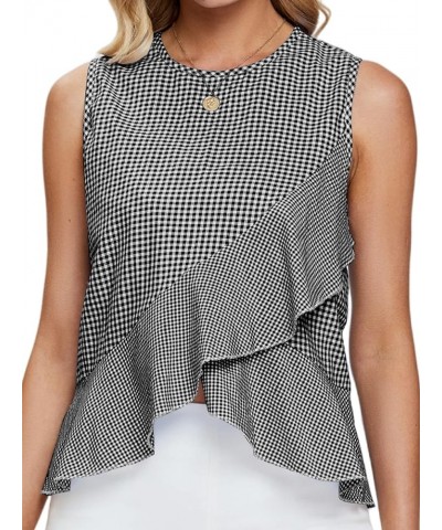 Women's Peplum Wrap Tops Plaid Gingham Ruffle Sleeveless Tie Back Shirts Blouse Black $12.74 Blouses