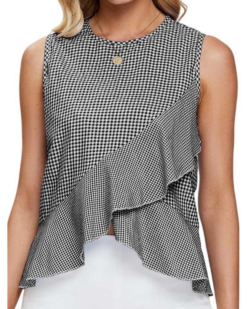 Women's Peplum Wrap Tops Plaid Gingham Ruffle Sleeveless Tie Back Shirts Blouse Black $12.74 Blouses