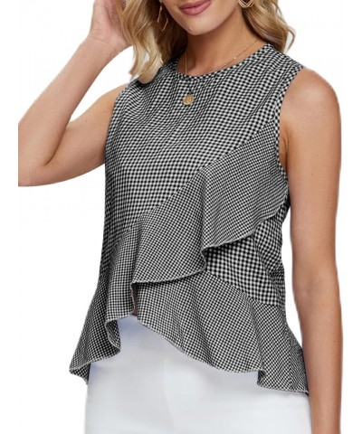 Women's Peplum Wrap Tops Plaid Gingham Ruffle Sleeveless Tie Back Shirts Blouse Black $12.74 Blouses