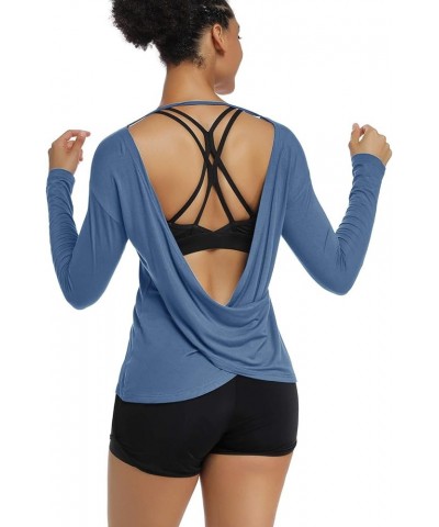 Women's Long Sleeve Workout Shirts Backless Yoga Shirts Cross Back Open Shirt Grayblue $12.17 Activewear