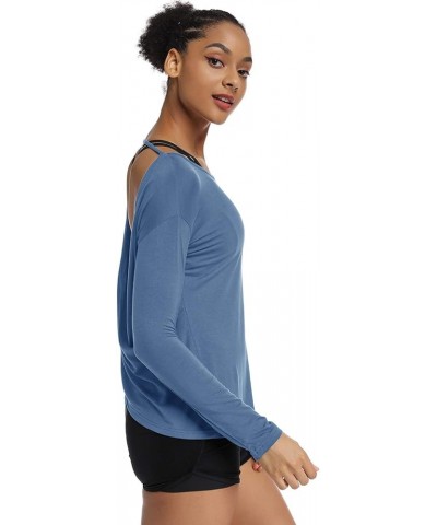 Women's Long Sleeve Workout Shirts Backless Yoga Shirts Cross Back Open Shirt Grayblue $12.17 Activewear