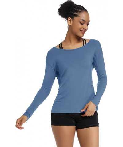 Women's Long Sleeve Workout Shirts Backless Yoga Shirts Cross Back Open Shirt Grayblue $12.17 Activewear