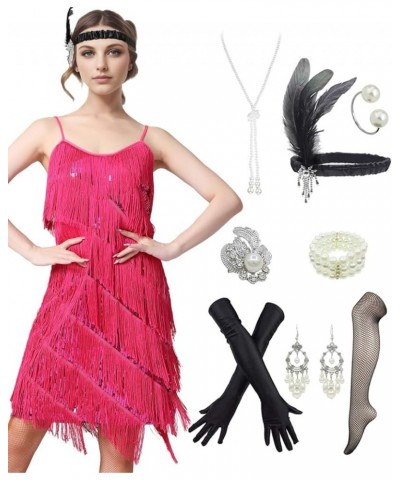 Women Tassel Fringe Sling Cami Dresses Dancewear Fashion Flapper Dresses w/ 20s Accessories Set Hot Pink $36.25 Dresses