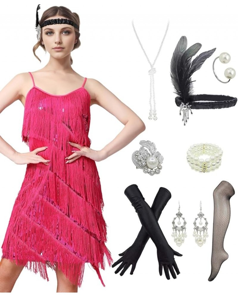 Women Tassel Fringe Sling Cami Dresses Dancewear Fashion Flapper Dresses w/ 20s Accessories Set Hot Pink $36.25 Dresses