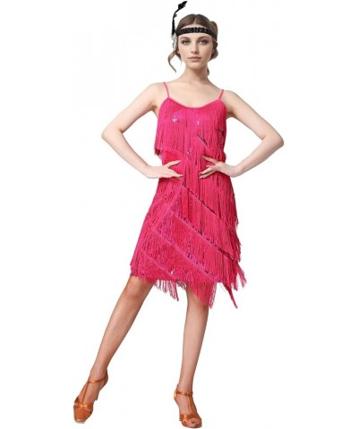 Women Tassel Fringe Sling Cami Dresses Dancewear Fashion Flapper Dresses w/ 20s Accessories Set Hot Pink $36.25 Dresses