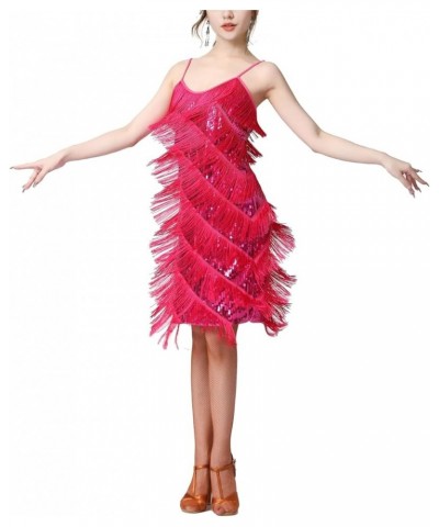 Women Tassel Fringe Sling Cami Dresses Dancewear Fashion Flapper Dresses w/ 20s Accessories Set Hot Pink $36.25 Dresses