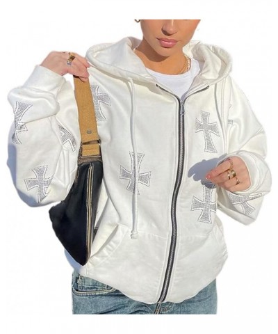 Oversized Zip Up Hoodie Sweatshirt for Women Teen Girls Y2k Gothic Skeleton Rhinestones Halloween Pullover Jacket White $14.0...