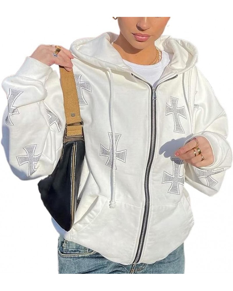 Oversized Zip Up Hoodie Sweatshirt for Women Teen Girls Y2k Gothic Skeleton Rhinestones Halloween Pullover Jacket White $14.0...