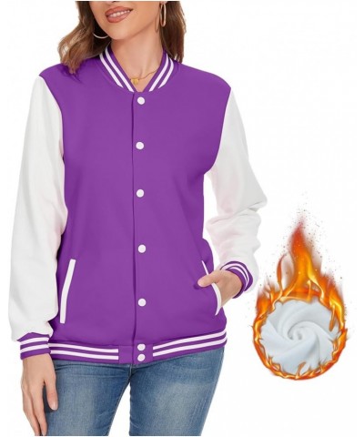 Women Baseball Jacket Fleece Varsity Jacket Winter Coat Button Down Bomber Jacket with Pocket XXS-4XL Purple $16.80 Jackets