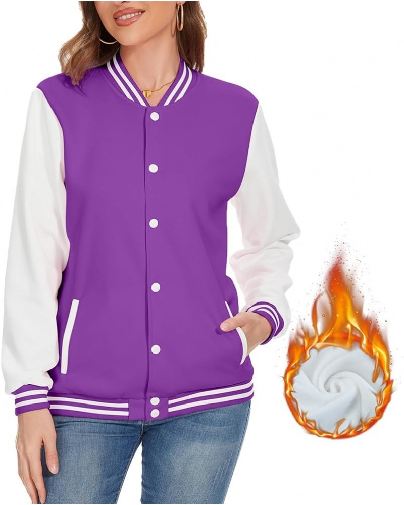 Women Baseball Jacket Fleece Varsity Jacket Winter Coat Button Down Bomber Jacket with Pocket XXS-4XL Purple $16.80 Jackets