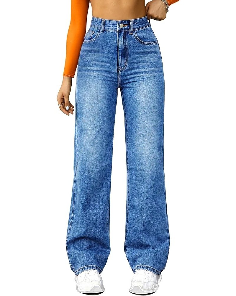 Straight Leg Jeans for Women,High Waisted Wide Leg Loose Microelastic Boyfried Denim Pants Blue $23.50 Jeans