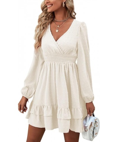 Women's Wrap V Neck Swing Ruffle Swiss Dots Long Sleeve Mini Dress Solid White $26.49 Dresses