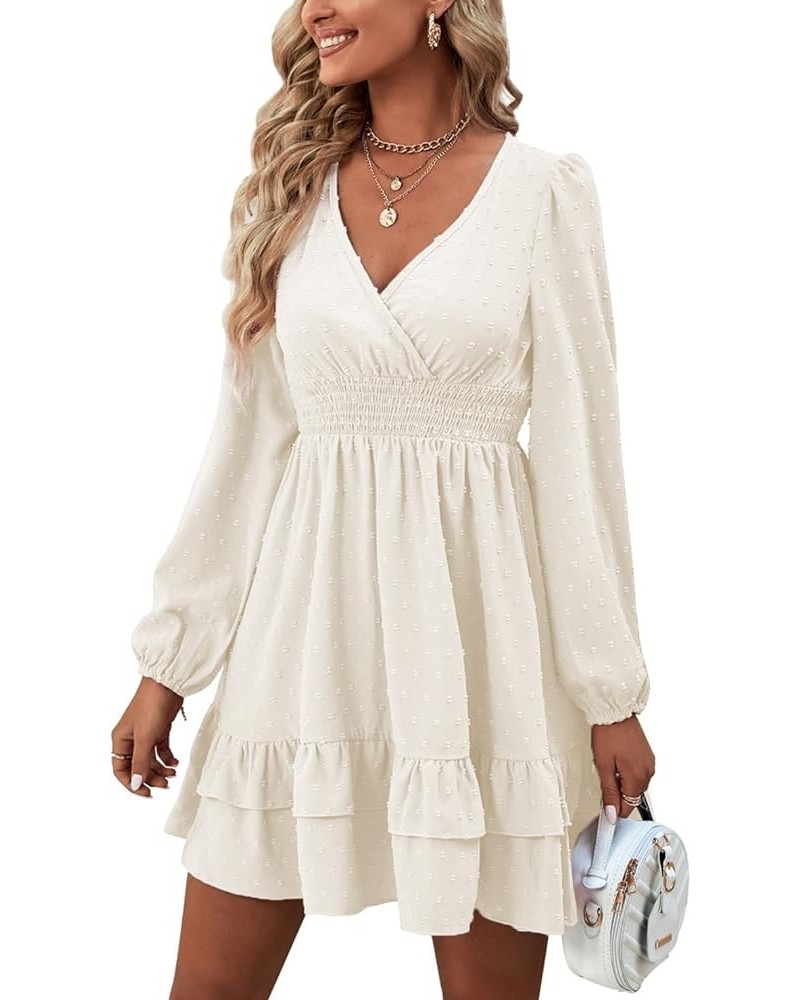 Women's Wrap V Neck Swing Ruffle Swiss Dots Long Sleeve Mini Dress Solid White $26.49 Dresses