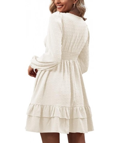 Women's Wrap V Neck Swing Ruffle Swiss Dots Long Sleeve Mini Dress Solid White $26.49 Dresses