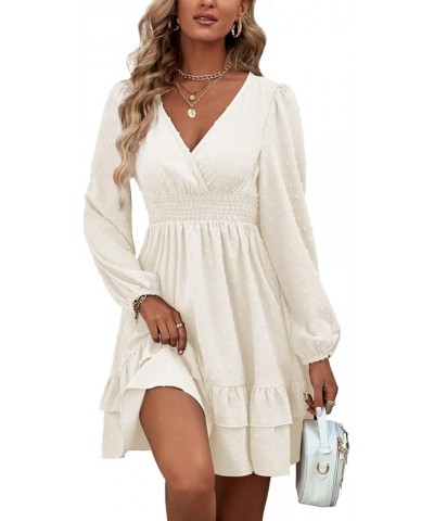 Women's Wrap V Neck Swing Ruffle Swiss Dots Long Sleeve Mini Dress Solid White $26.49 Dresses