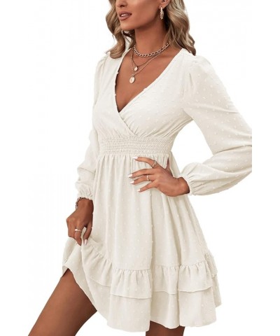 Women's Wrap V Neck Swing Ruffle Swiss Dots Long Sleeve Mini Dress Solid White $26.49 Dresses