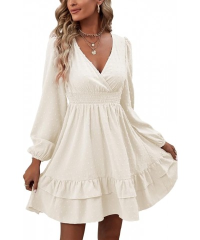 Women's Wrap V Neck Swing Ruffle Swiss Dots Long Sleeve Mini Dress Solid White $26.49 Dresses