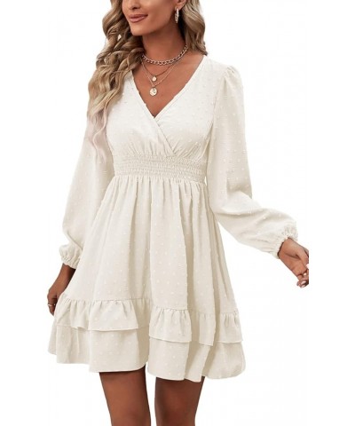 Women's Wrap V Neck Swing Ruffle Swiss Dots Long Sleeve Mini Dress Solid White $26.49 Dresses