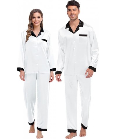 Couples Matching Pajamas Sets Silk Satin Long Sleeve Sleepwear Button-Down Soft Loungewear Loose Pjs Set Women White $17.39 L...