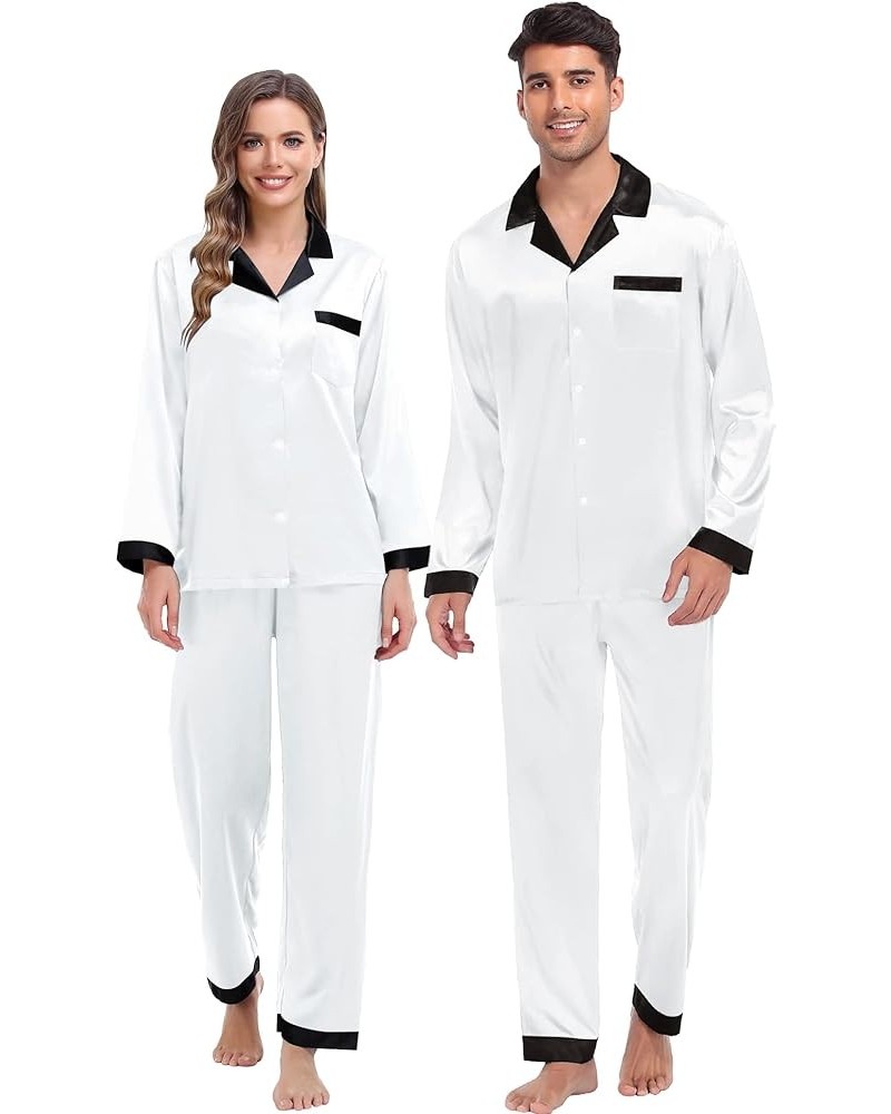 Couples Matching Pajamas Sets Silk Satin Long Sleeve Sleepwear Button-Down Soft Loungewear Loose Pjs Set Women White $17.39 L...