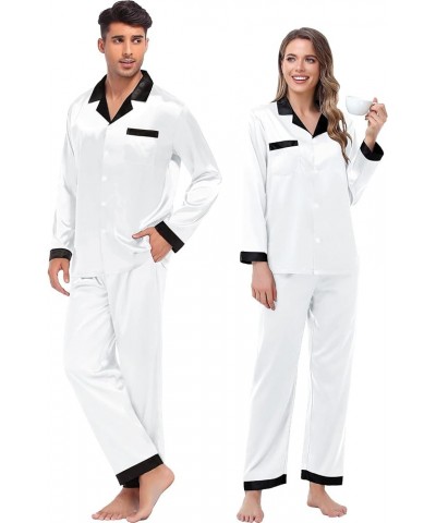 Couples Matching Pajamas Sets Silk Satin Long Sleeve Sleepwear Button-Down Soft Loungewear Loose Pjs Set Women White $17.39 L...