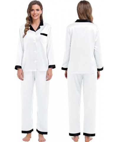 Couples Matching Pajamas Sets Silk Satin Long Sleeve Sleepwear Button-Down Soft Loungewear Loose Pjs Set Women White $17.39 L...