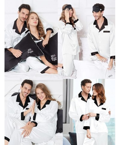 Couples Matching Pajamas Sets Silk Satin Long Sleeve Sleepwear Button-Down Soft Loungewear Loose Pjs Set Women White $17.39 L...