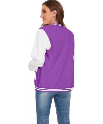 Women Baseball Jacket Fleece Varsity Jacket Winter Coat Button Down Bomber Jacket with Pocket XXS-4XL Purple $16.80 Jackets