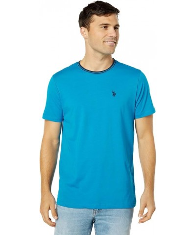 Short Sleeve Crew Neck Yarn-Dye Collar Tipped Jersey Tee Teal Blue $10.39 Shirts