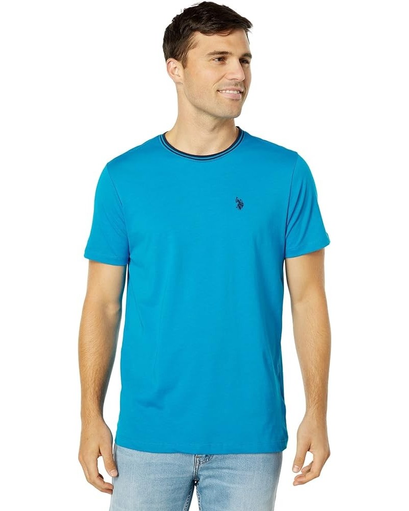 Short Sleeve Crew Neck Yarn-Dye Collar Tipped Jersey Tee Teal Blue $10.39 Shirts