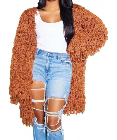 Womens Cable Knit Fringe Tassel Mid Length Cardigans Open Front Sweater Cardigan Oversized Coat Sexy Nightclub Outfit Coffee ...