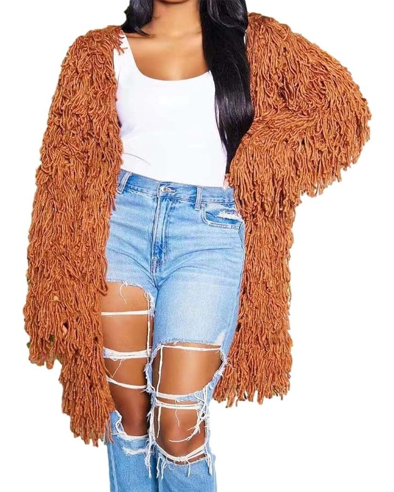 Womens Cable Knit Fringe Tassel Mid Length Cardigans Open Front Sweater Cardigan Oversized Coat Sexy Nightclub Outfit Coffee ...