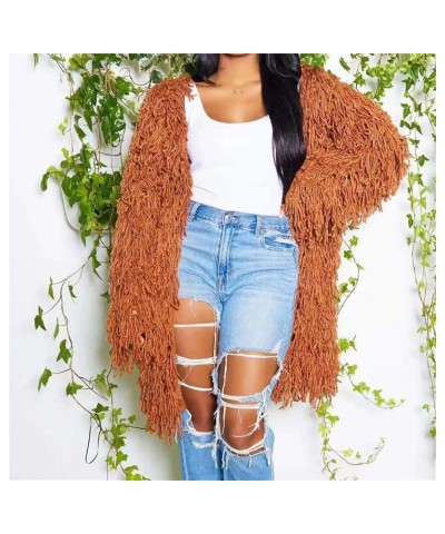 Womens Cable Knit Fringe Tassel Mid Length Cardigans Open Front Sweater Cardigan Oversized Coat Sexy Nightclub Outfit Coffee ...